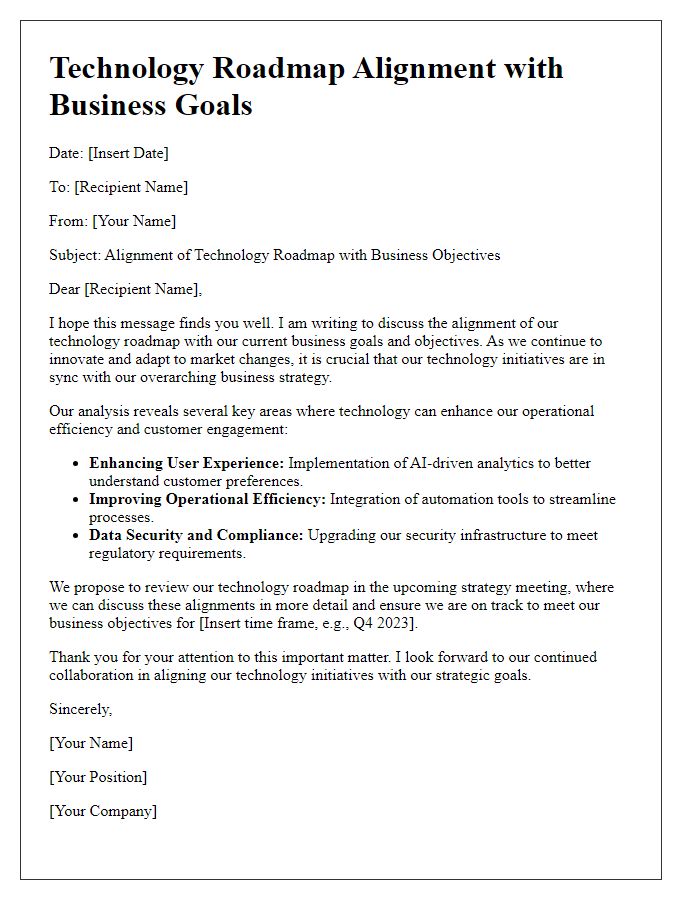 Letter template of technology roadmap alignment with business goals