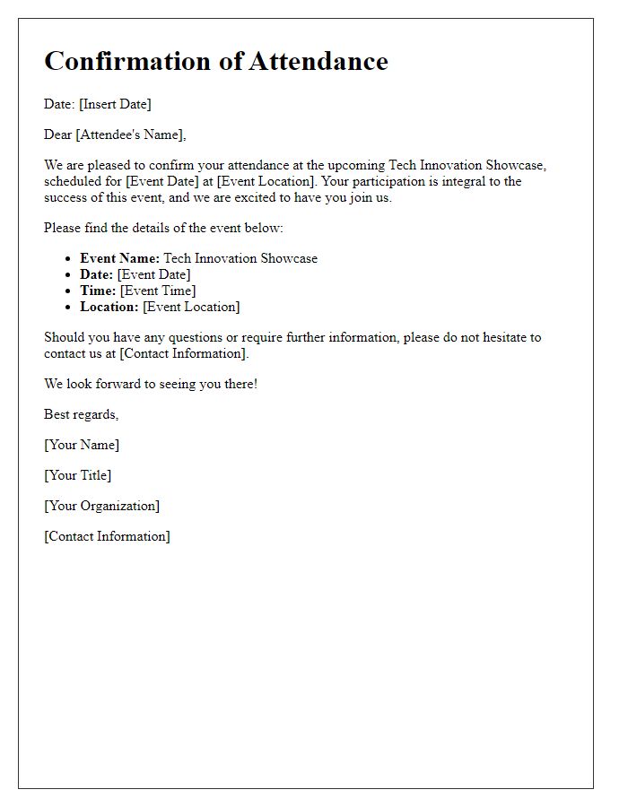 Letter template of confirmation for tech innovation showcase attendance