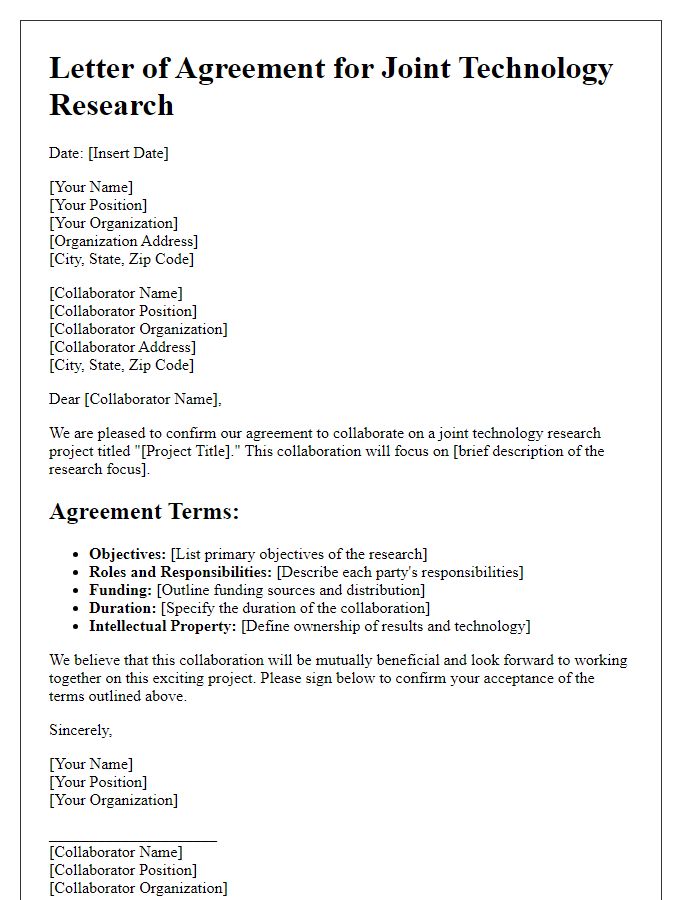 Letter template of agreement for joint technology research