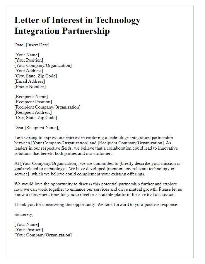 Letter template of interest in technology integration partnership