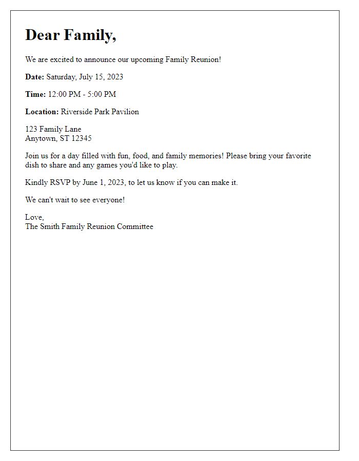 Letter template of family reunion get-together announcement