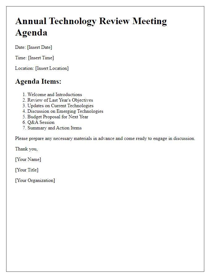 Letter template of agenda for annual technology review meeting