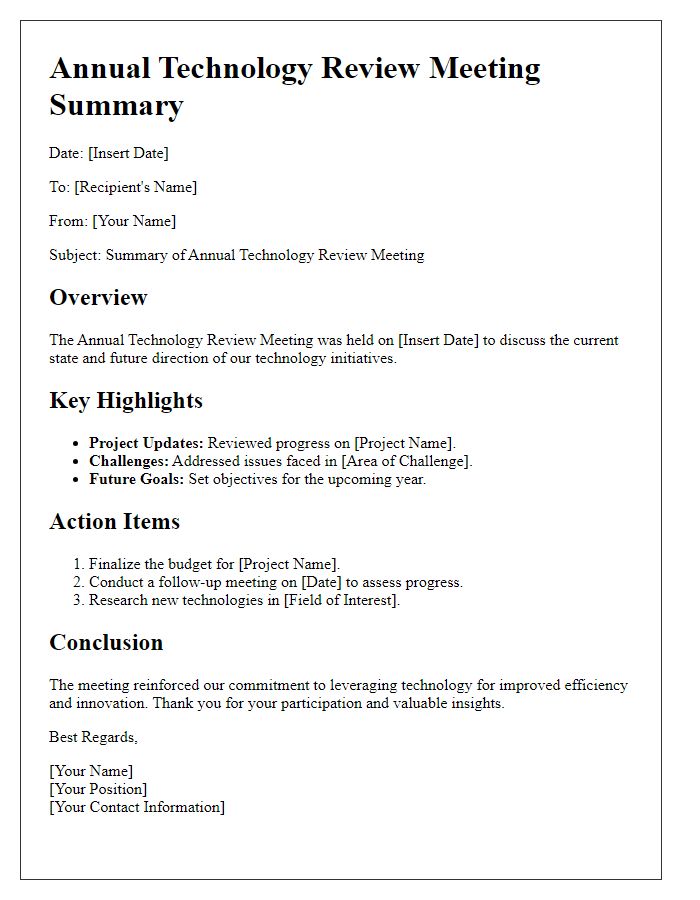 Letter template of summary for annual technology review meeting