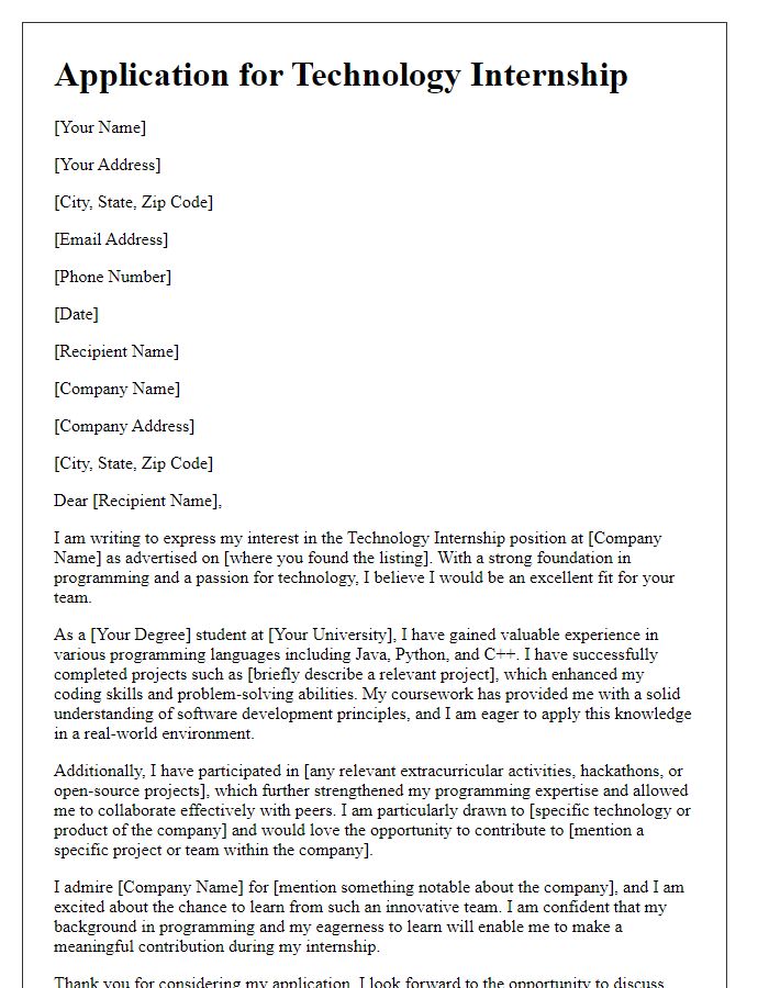 Letter template of technology internship application emphasizing programming skills