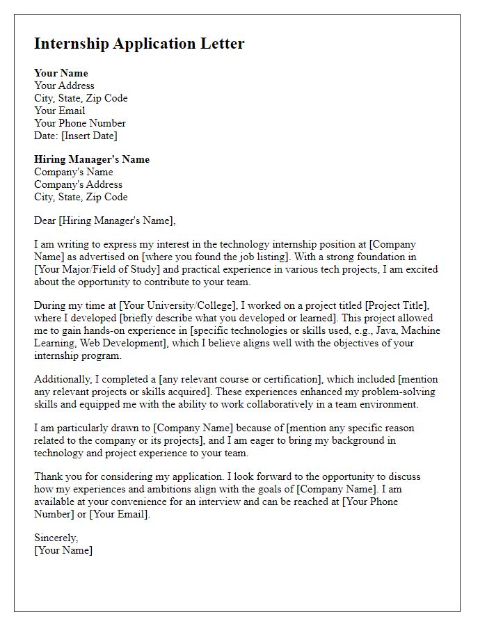 Letter template of technology internship application focusing on project experience