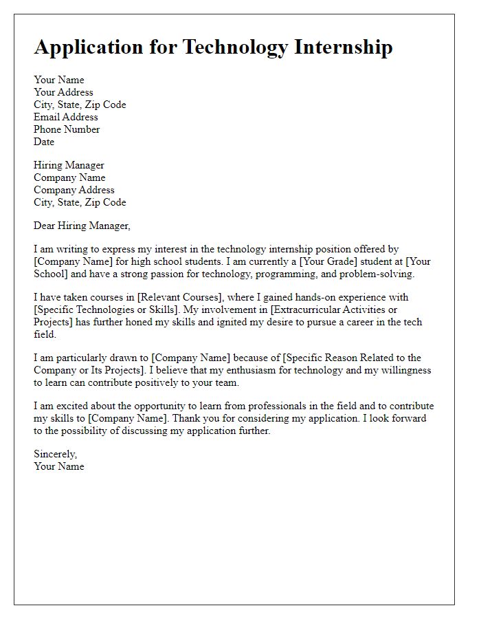 Letter template of technology internship application for high school students