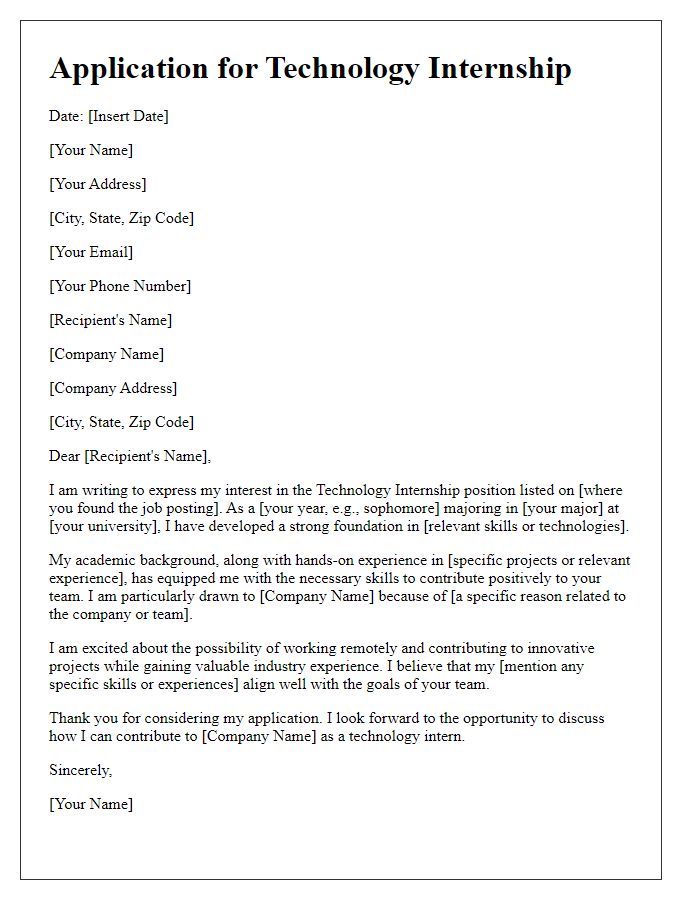 Letter template of technology internship application for a remote position