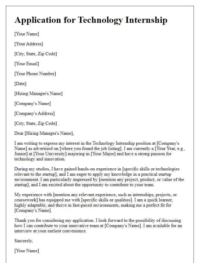 Letter template of technology internship application for a startup environment