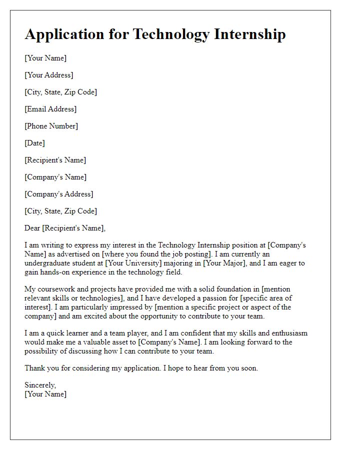 Letter template of technology internship application for undergraduate students