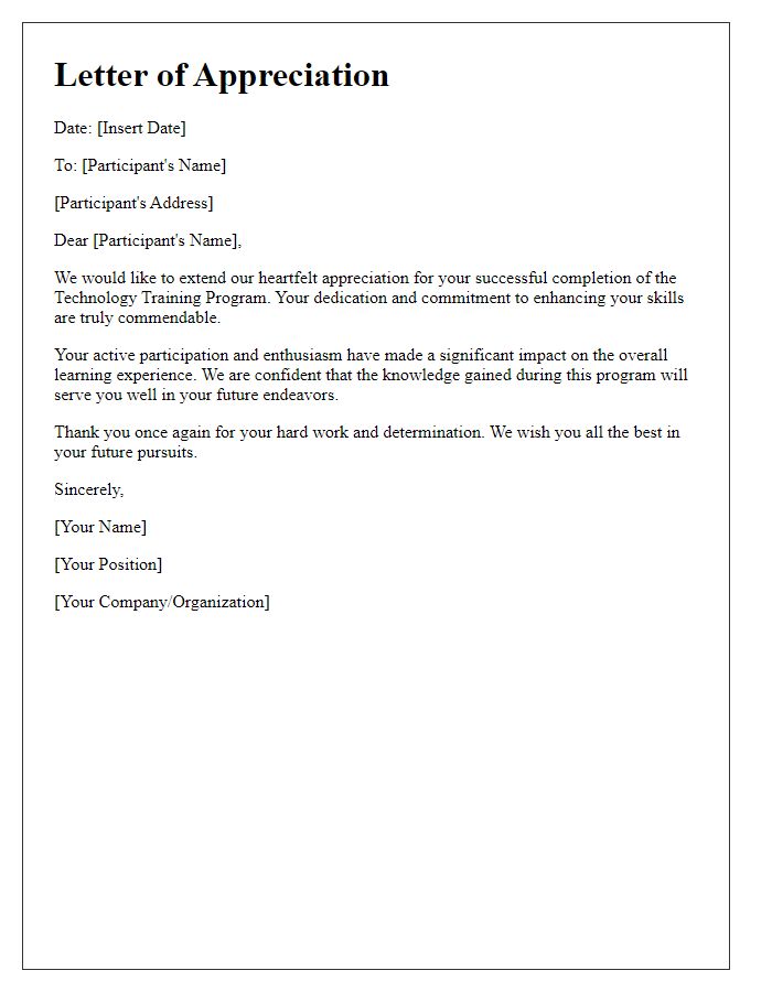 Letter template of appreciation for completing the technology training program