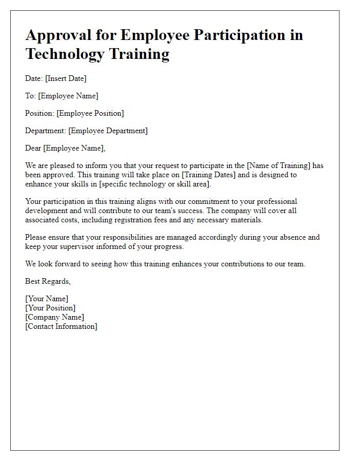 Letter template of approval for employee participation in technology training