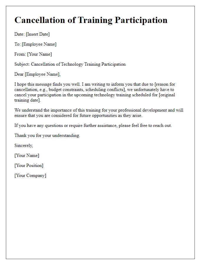 Letter template of cancellation for employee technology training participation