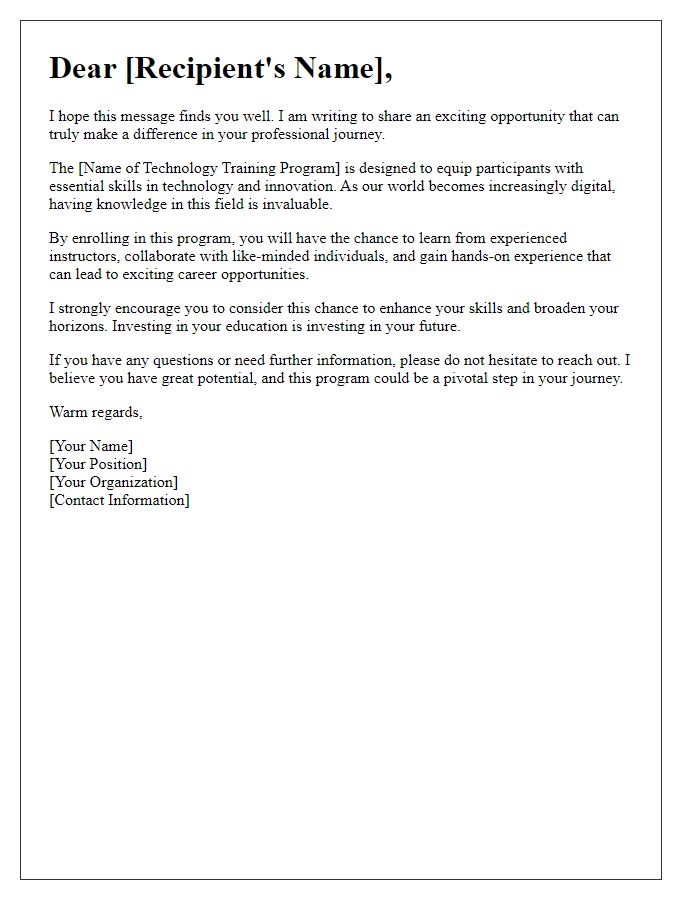 Letter template of encouragement to enroll in technology training program