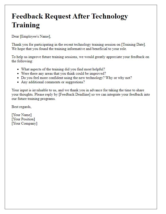 Letter template of feedback request after employee technology training