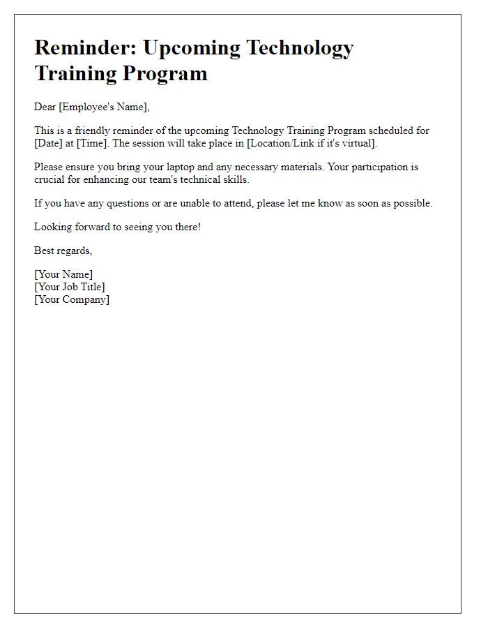 Letter template of reminder for upcoming employee technology training program