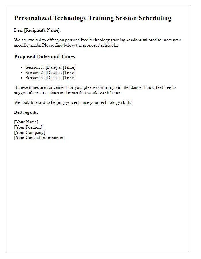 Letter template of scheduling for personalized technology training sessions