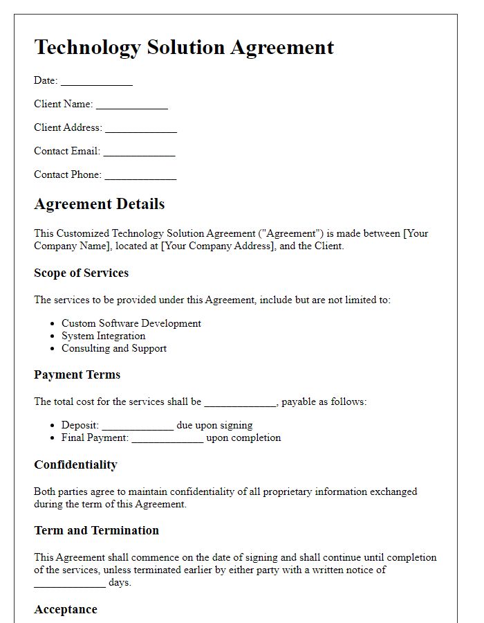 Letter template of customized technology solution agreement