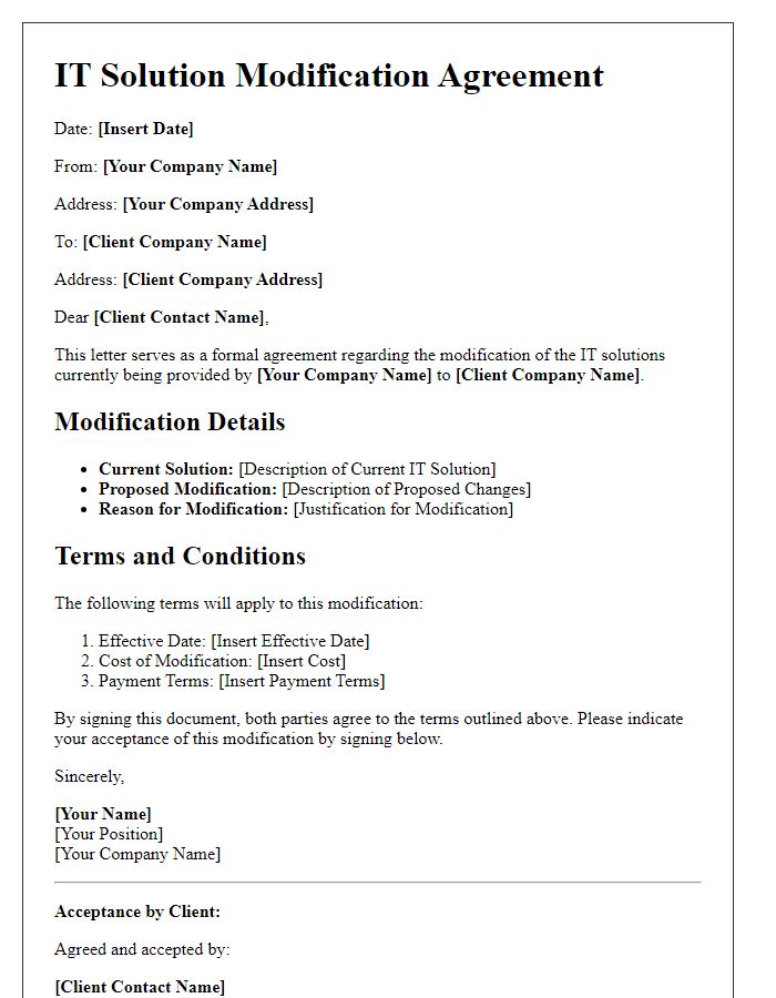 Letter template of IT solution modification agreement