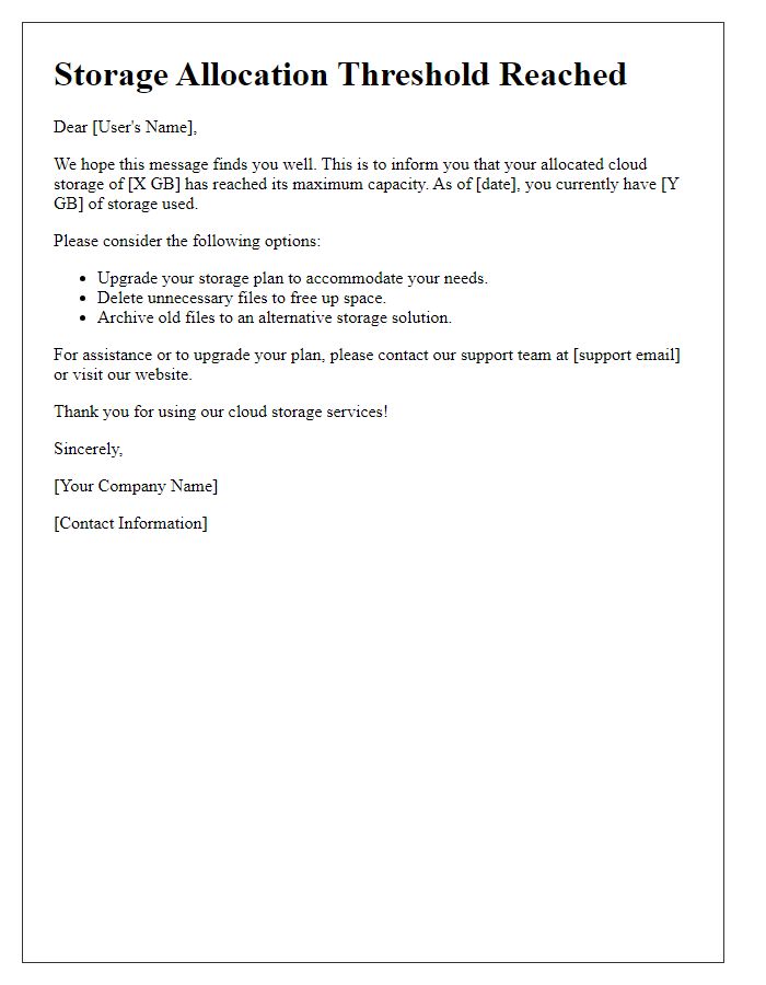 Letter template of cloud storage allocation threshold reached