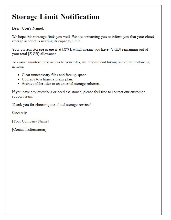 Letter template of cloud storage limit notification