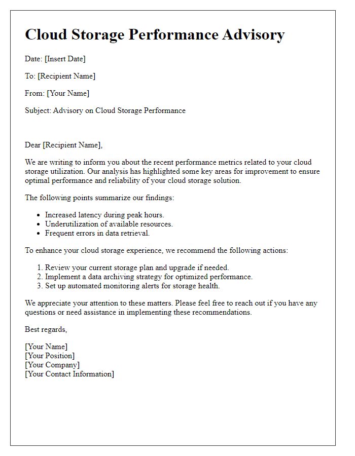 Letter template of cloud storage performance advisory