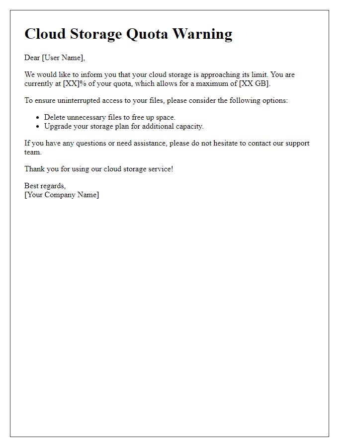 Letter template of cloud storage quota warning