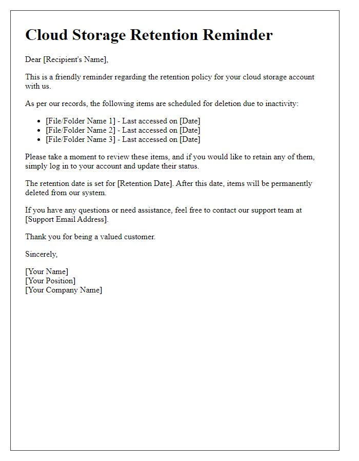 Letter template of cloud storage retention reminder