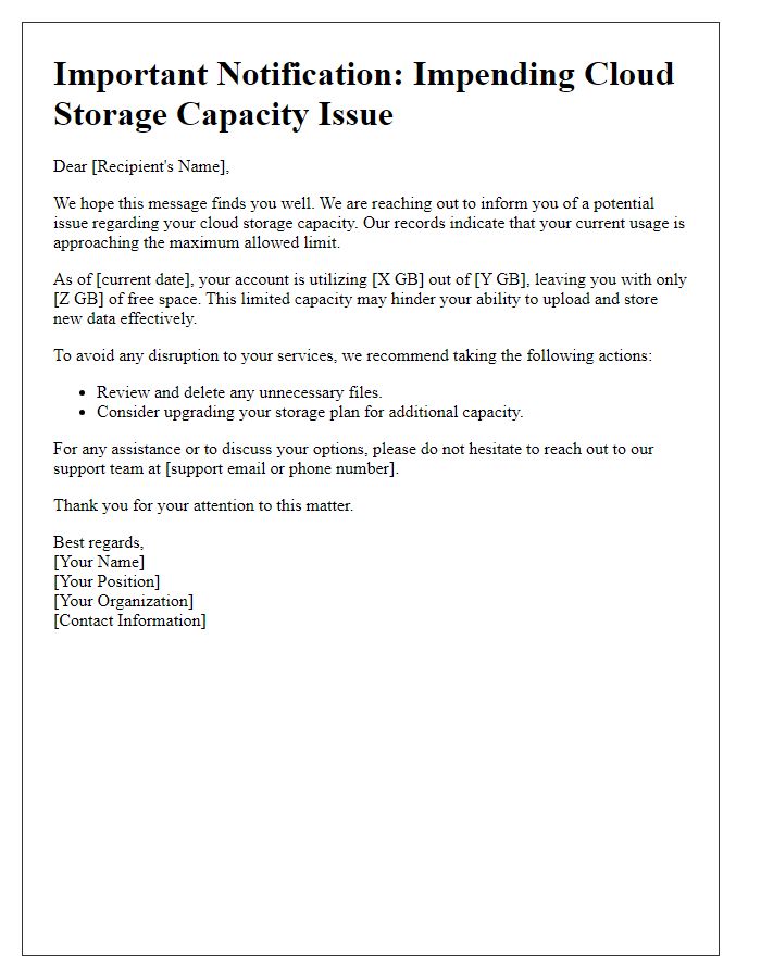 Letter template of impending cloud storage capacity issue