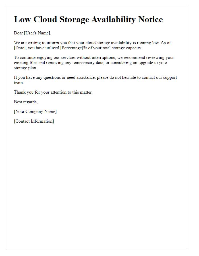 Letter template of low cloud storage availability notice