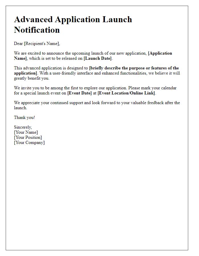 Letter template of advanced application launch alert