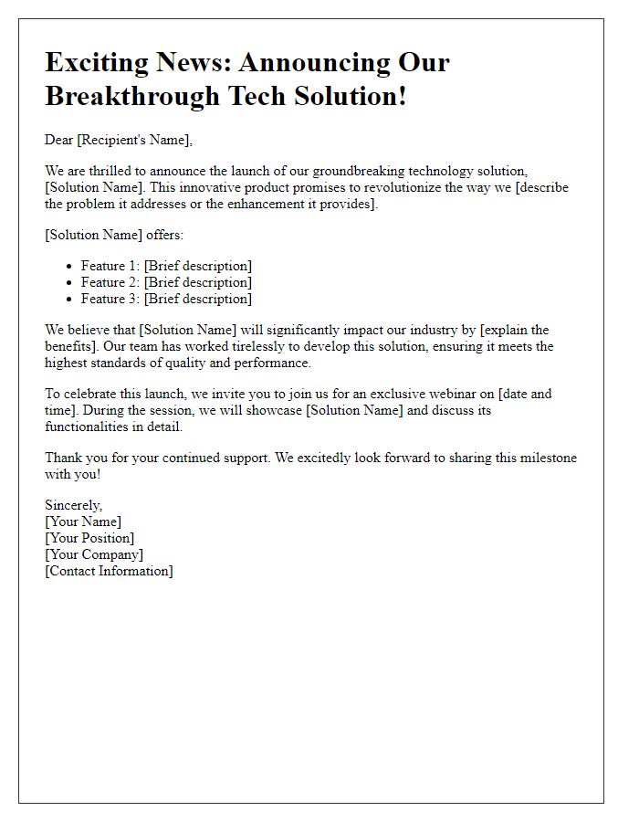 Letter template of breakthrough tech solution announcement