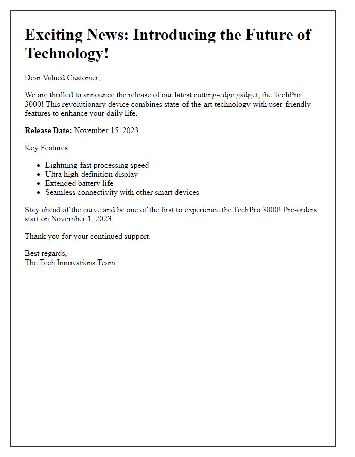 Letter template of cutting-edge gadget release notification