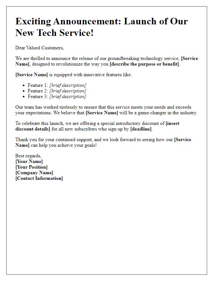 Letter template of game-changing tech service release message