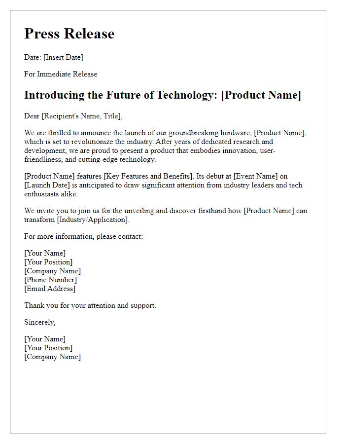 Letter template of pioneering hardware debut news