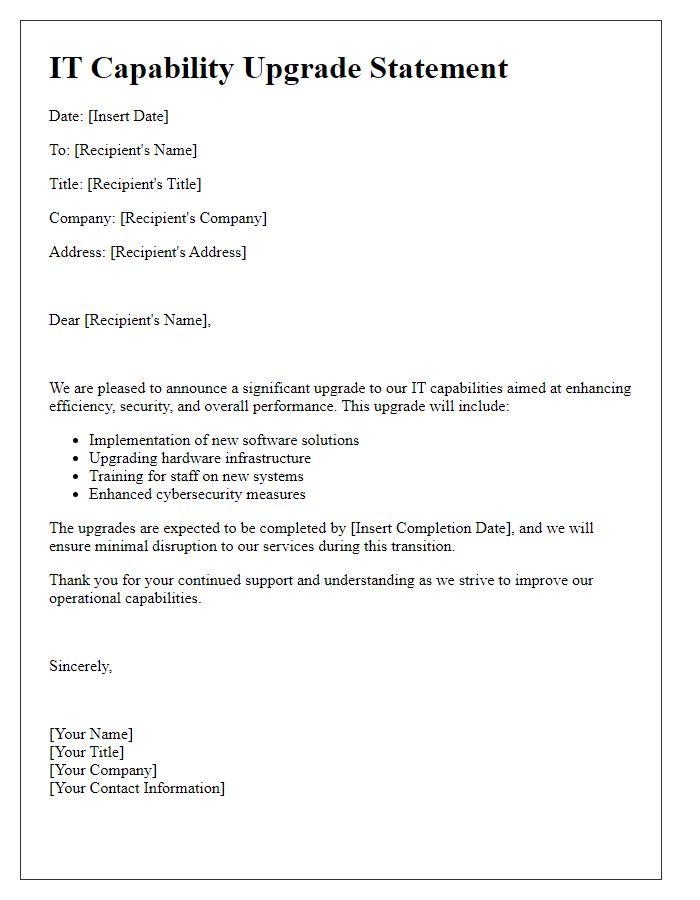 Letter template of IT capability upgrade statement