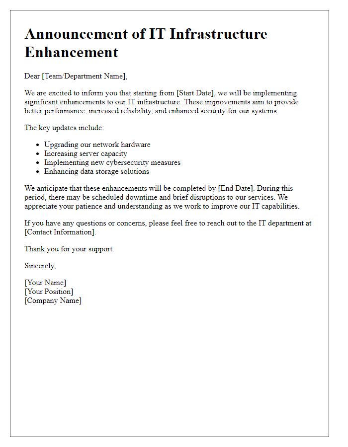 Letter template of IT infrastructure enhancement announcement