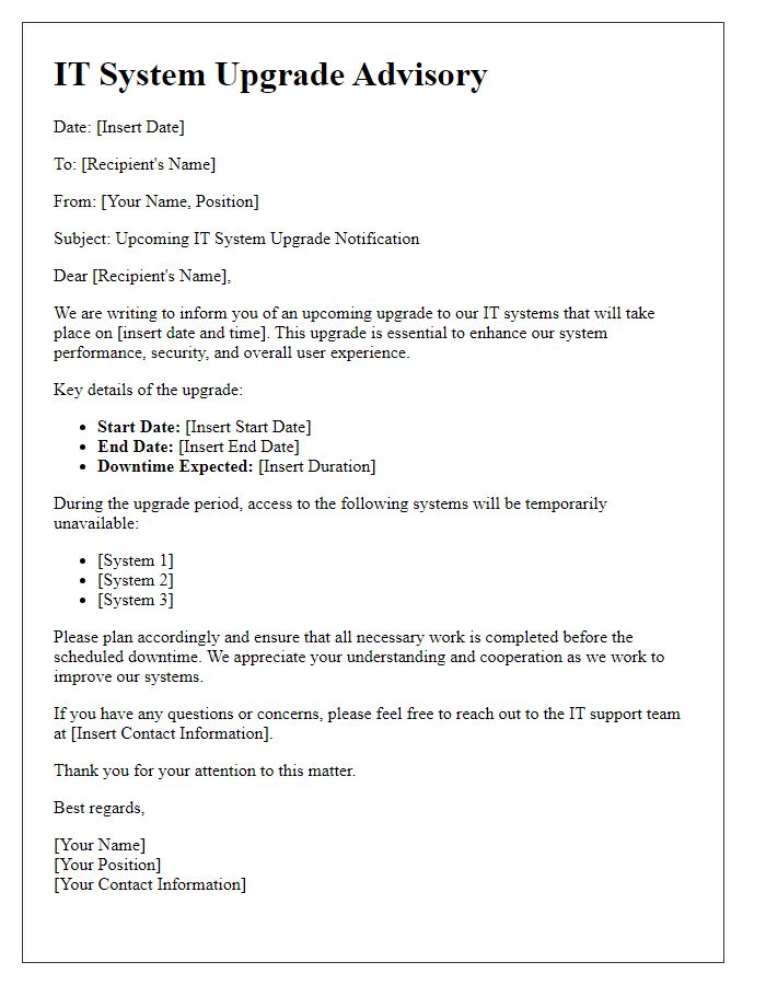 Letter template of IT system upgrade advisory