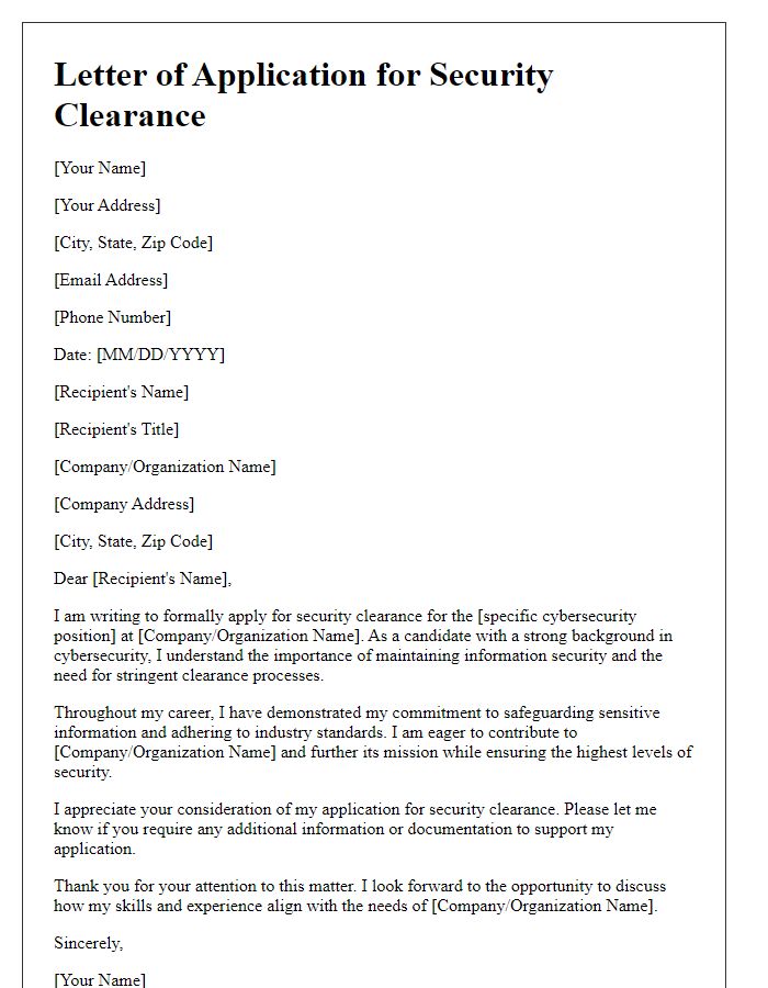 Letter template of security clearance application for cybersecurity positions.