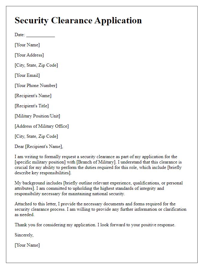 Letter template of security clearance application for military positions.