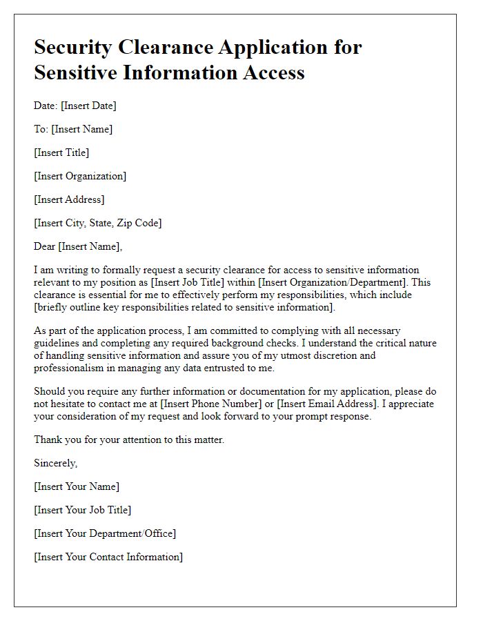 Letter template of security clearance application for sensitive information access.