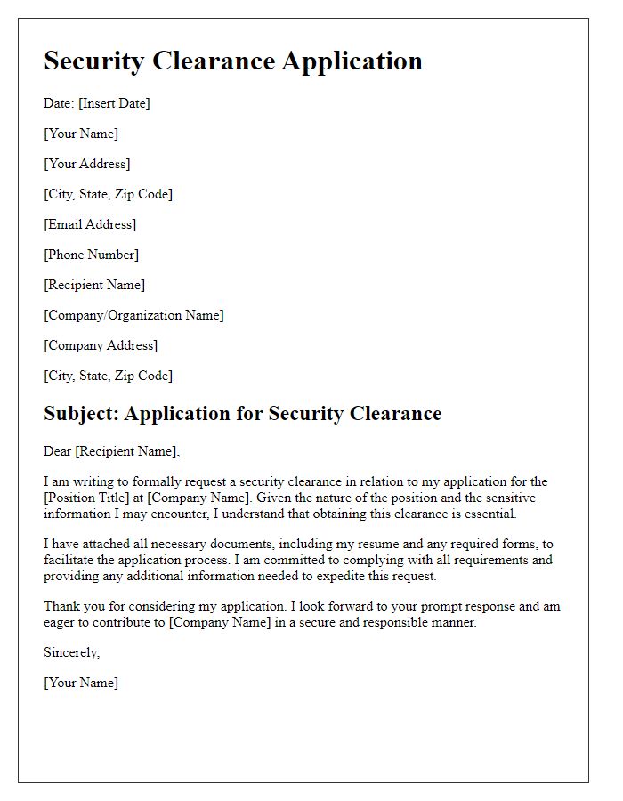 Letter template of security clearance application for technical jobs.