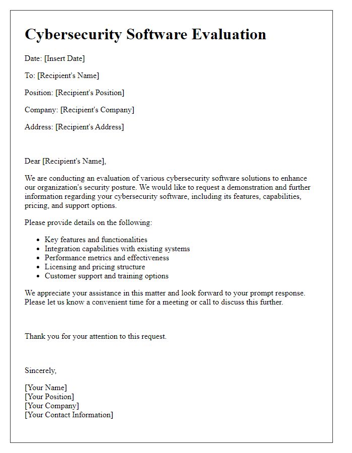 Letter template of cybersecurity software evaluation.