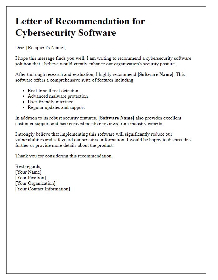 Letter template of cybersecurity software recommendation.