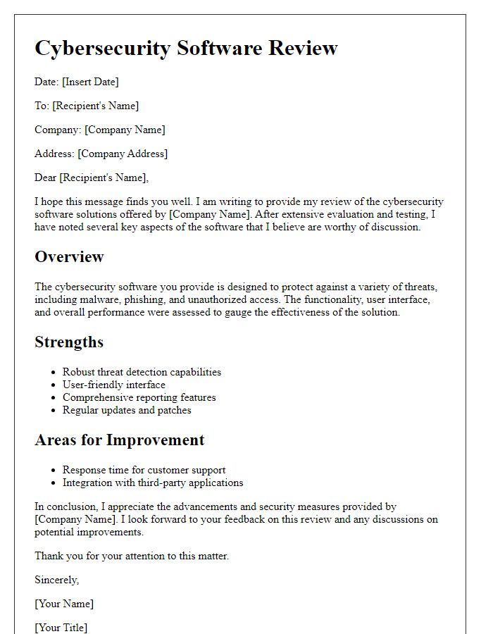 Letter template of cybersecurity software review.