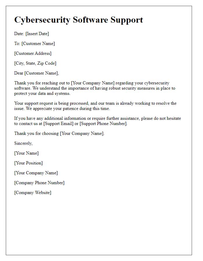 Letter template of cybersecurity software support.