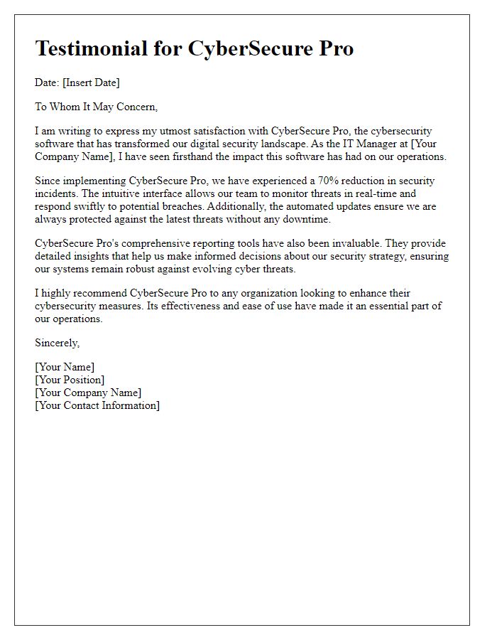 Letter template of cybersecurity software testimonial.