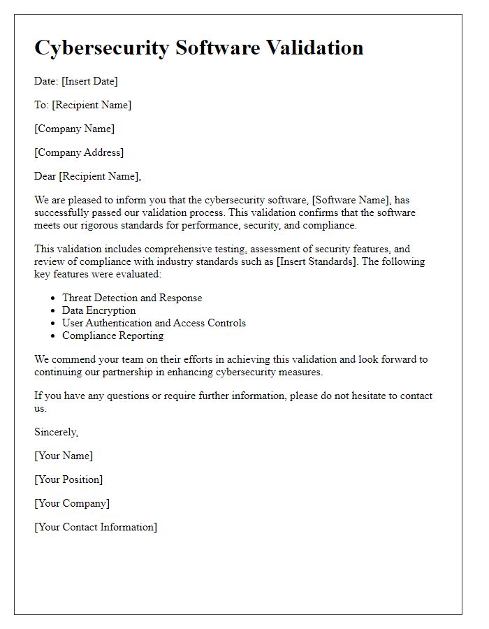 Letter template of cybersecurity software validation.