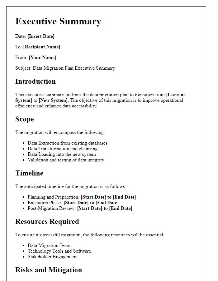 Letter template of data migration plan executive summary