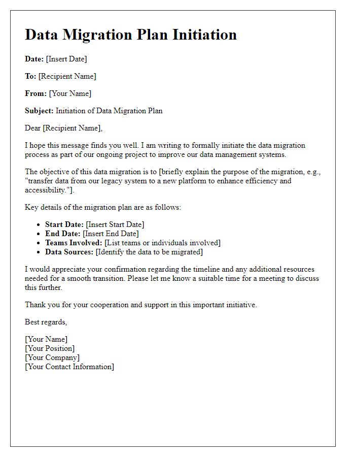 Letter template of data migration plan initiation