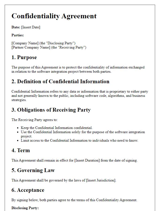 Letter template of software integration confidentiality agreement